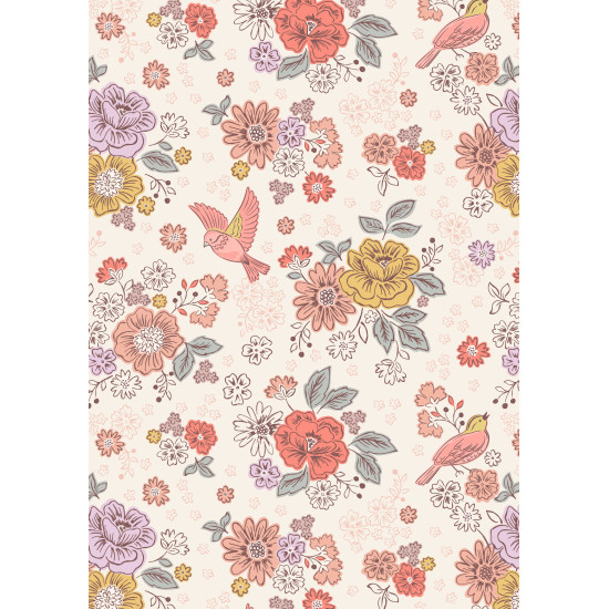 Hannah's Flowers - Songbirds and Flowers on Cream - by Lewis & Irene - per 1/4m