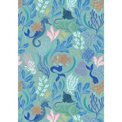 Moontide - Mermaids on Aqua with Gold Metallic - by Lewis & Irene - per 1/4m