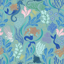 Moontide - Mermaids on Aqua with Gold Metallic - by Lewis & Irene - per 1/4m