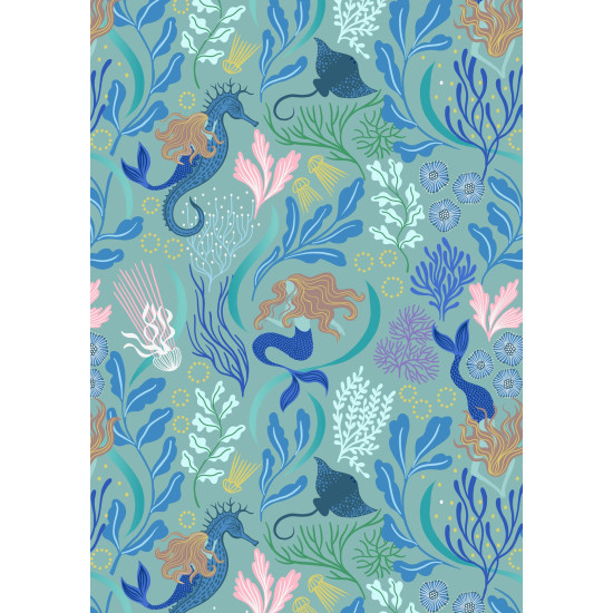 Moontide - Mermaids on Aqua with Gold Metallic - by Lewis & Irene - per 1/4m