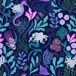 Moontide - Mermaids on Dark Blue with Silver Metallic - by Lewis & Irene - per 1/4m
