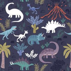 Dino Glow - Volcano and Dinos on Soft Indigo with Glow in the Dark Elements - by Lewis and Irene - per 1/4 metre