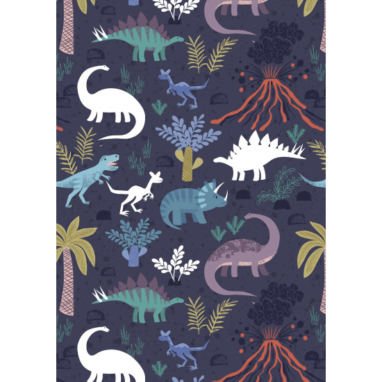 Dino Glow - Volcano and Dinos on Soft Indigo with Glow in the Dark Elements - by Lewis and Irene - per 1/4 metre