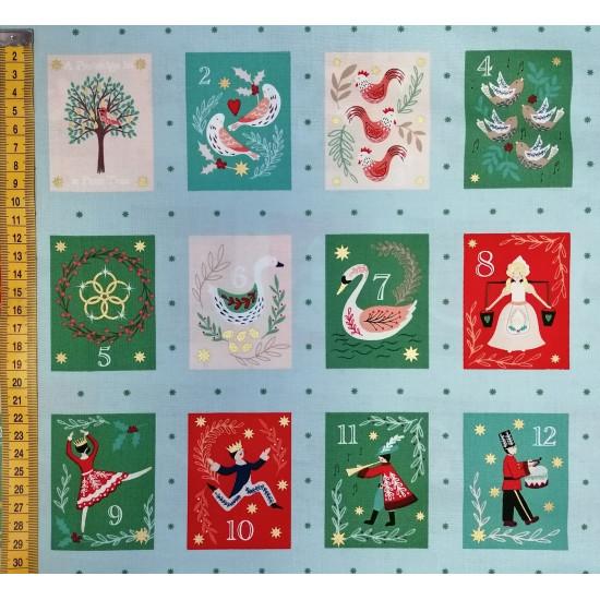The 12 Days of Christmas Collection - Christmas squares on Winter Blue Panel - by Lewis & Irene - per 30 cm Panel