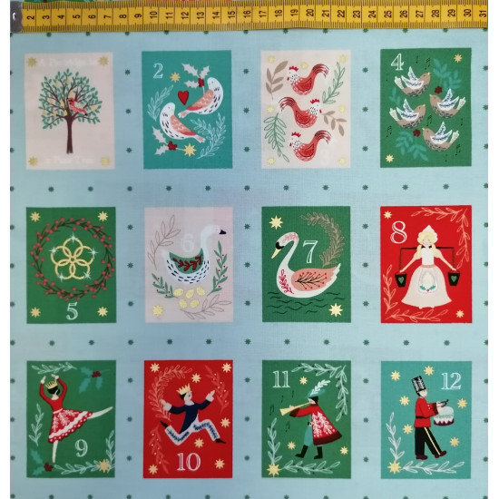 The 12 Days of Christmas Collection - Christmas squares on Winter Blue Panel - by Lewis & Irene - per 30 cm Panel