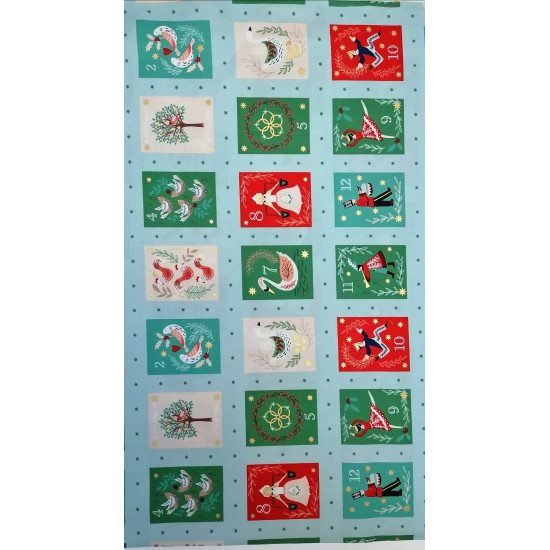 The 12 Days of Christmas Collection - Christmas squares on Winter Blue Panel - by Lewis & Irene - per 30 cm Panel