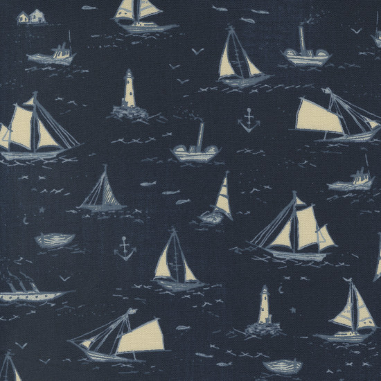 To The Sea - Sails - Dark Ocean - by Janet Clare for Moda - per 1/4m