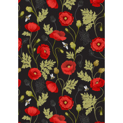 Poppies - Poppy and Bee on Black by Lewis & Irene - per 1/4m