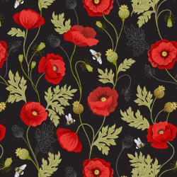 Poppies - Poppy and Bee on Black by Lewis & Irene - per 1/4m